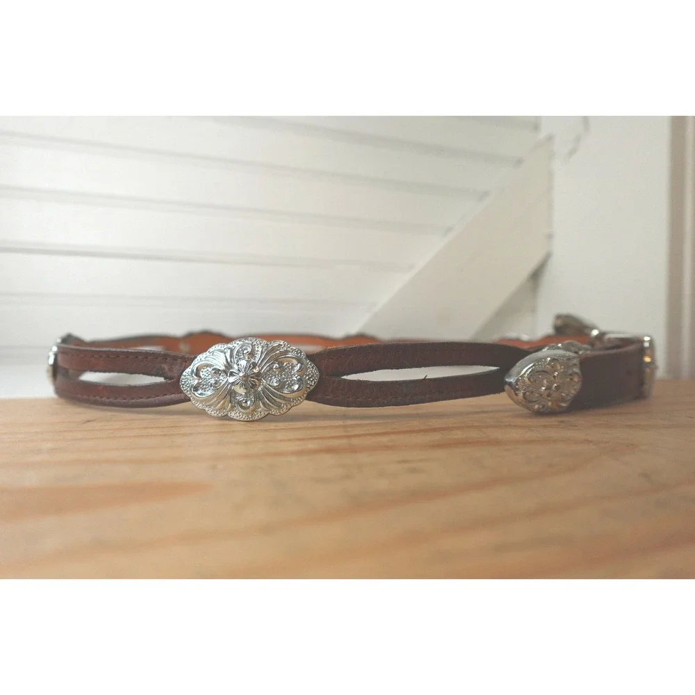 Women's Nocona Concho Belt Size 34 M/L Brown Leather Silver Tone Charms & Buckle
